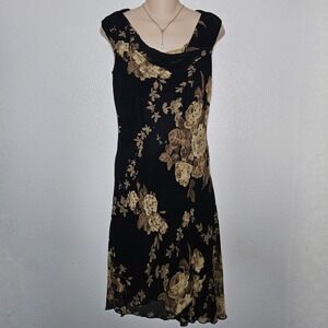 Connected Apparel Black Tan Floral Sequin Cowl Neck Midi Dress